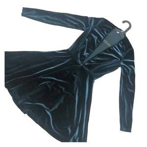 Deep V teal velvet dress